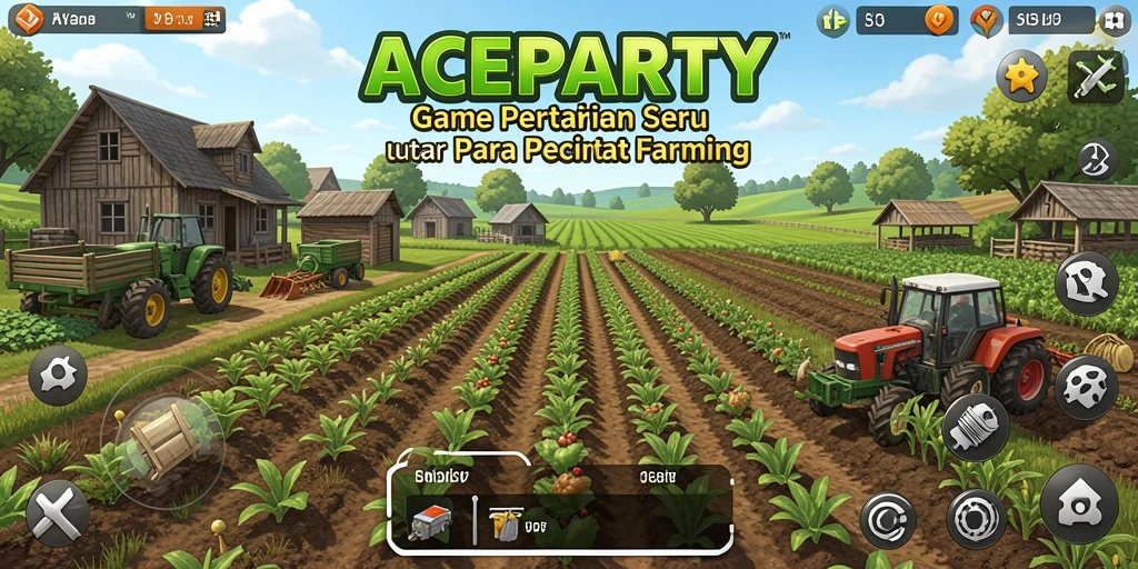 Screenshot gameplay ACEPARTY menunjukkan lahan pertanian yang luas dan berwarna-warni.