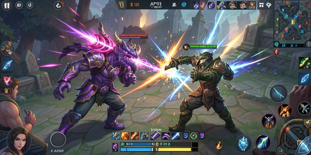 Tampilan gameplay MOBA yang mendebarkan dan penuh strategi.