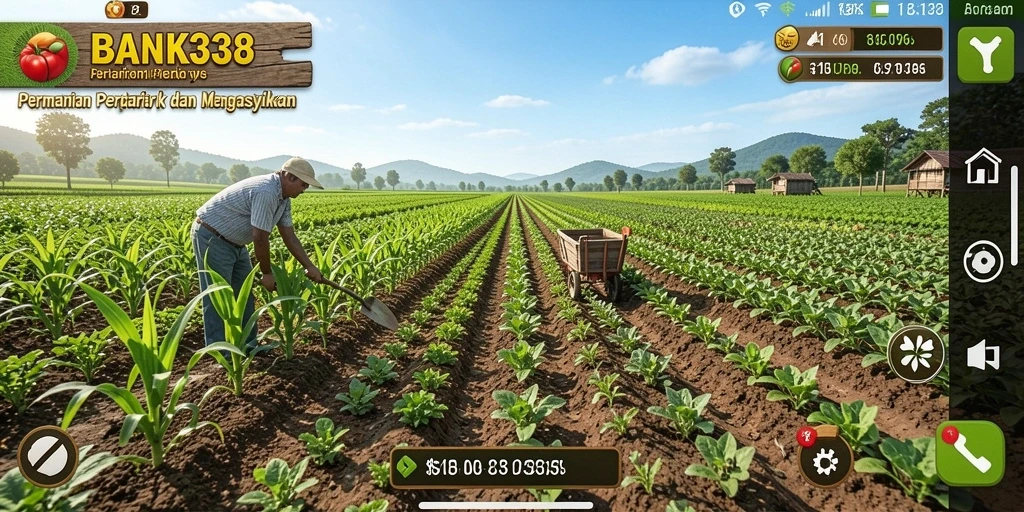 Tampilan gameplay BANK338 dengan ladang pertanian yang subur.