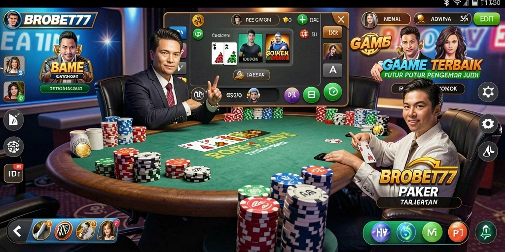 Tampilan gameplay BROBET77 dengan pemain bersaing di meja poker.