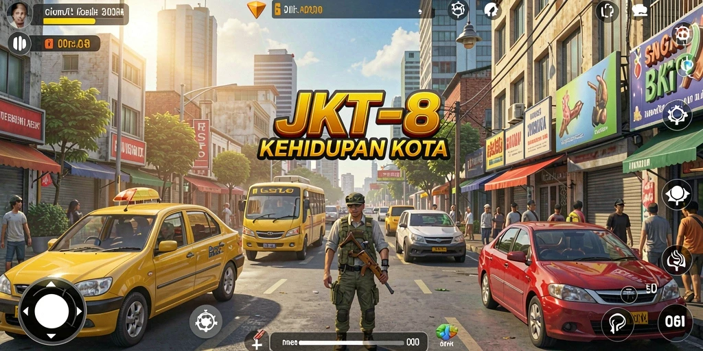 Screenshot utama JKT8 menampilkan karakter eksplorasi kota.