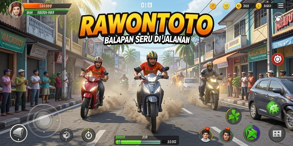 Screenshot gameplay <strong>RAWONTOTO</strong> menampilkan balapan seru di trek kota.